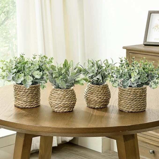 Small Fake Potted Plants: 7 Inches Artificial Plants with Seagrass Handwoven Planters, Indoor Farmhouse Spring Decorations, Eucalyptus Plant for Home Bathroom Office Shelf Tabletop Desk Room Decor