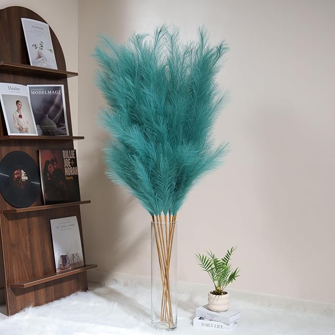 Premium Faux Teal Pampas Grass – 55" Tall Ultra-Fluffy 24-Branch One-Piece Stems No Assembly, Luxury Silk-Feel Feather Flowers for Boho Coastal Tropical Home Decor (Peacock Teal, 8 Stems)