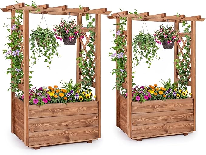 Giantex Raised Garden Bed with Sided Trellis & Roof Set 2, 31”x16”x41” Wood Elevated Planter Box, Freestanding Garden Planter Raised Bed for Flowers Herbs Climbing Vines,Brown