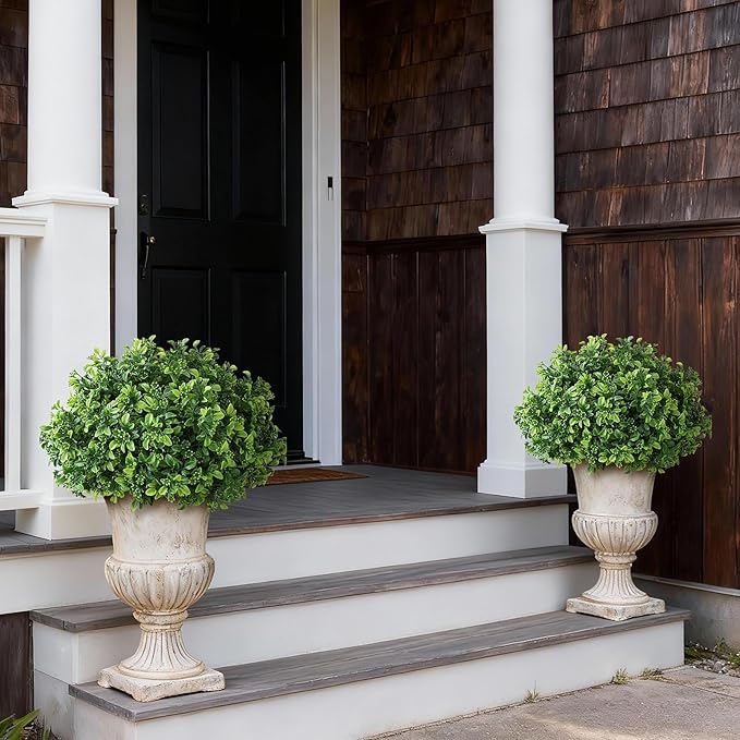 Set of 2 Artificial Boxwood Topiary Ball Trees for Front Door - Realistic Faux Aglaia Odorata Bush with Pot, Fake Eucalyptus Leaves Potted Plants for Porch Farmhouse Outdoor Decor (Green)