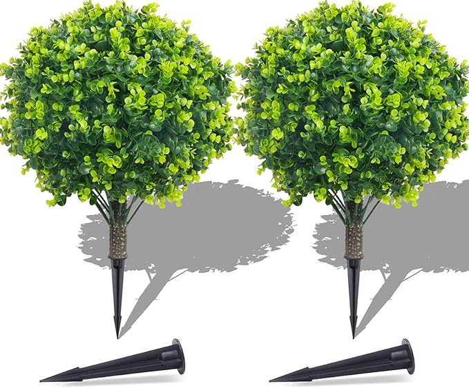 PATIO CHOICE Topiary Trees Artificial Outdoor Boxwood Ball Trees with Ground Spike Set of 2 22" Fake Outdoor Plants Faux Bushes and Shrubs Decorations for Outdoor Indoor Front Porch Garden