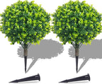 PATIO CHOICE Topiary Trees Artificial Outdoor Boxwood Ball Trees with Ground Spike Set of 2 22" Fake Outdoor Plants Faux Bushes and Shrubs Decorations for Outdoor Indoor Front Porch Garden