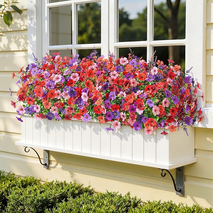 SHareconn 24 Bundles Artificial Flowers for Outdoors Decoration, Faux Plants Fake Silk Colorful Daisy Eucalyptus Lavender, UV Resistant for Outside Home Porch Indoor Spring Decor, 6 Colors incl. Brown