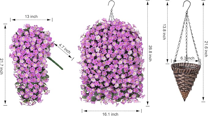 Artificial Hanging Daisy Flowers Plants Baskets for Outdoor Decoration, Fake Silk Light Fuchsia Mums Orchid Trailing Vines in Planter Realistic UV Resistant for Balcony Porch Decor