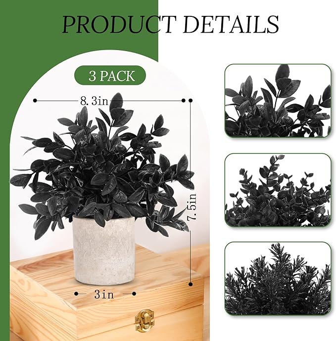 Der Rose 3 Pack Mini Potted Fake Plants Artificial Plastic Eucalyptus Plants Topiaries for Home Office Desk Farmhouse Shelf Room Bathroom Decor(Black)