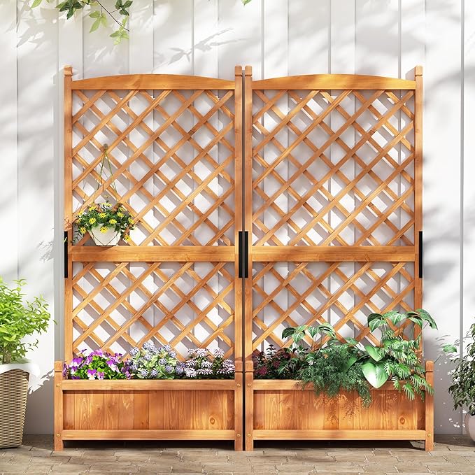 HAPPYGRILL Raised Garden Bed with Trellis, Large Planting Box w/Drainage Holes, 60” Wooden Garden Planter w/Diamond Lattice Trellis for Climbing Plants, Outdoor Planter Box for Patio (2, Orange)