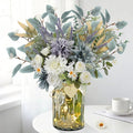 Fake Flowers with Vase, Silk Dusty Blue Rose Hydrangea Lavender Artificial Cemetery Flowers in Vase Faux Dahlia Flowers Arrangement for Table Centerpiece Summer Spring Gravesites Grave Home Decor