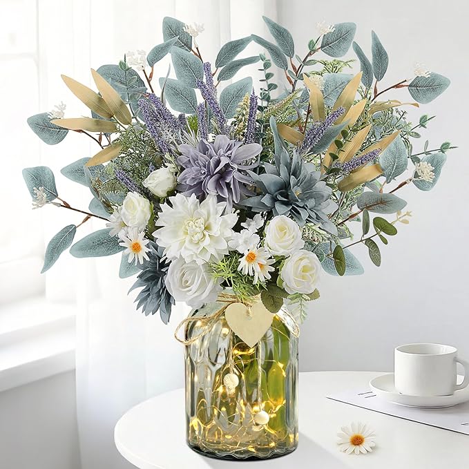 Fake Flowers with Vase, Silk Dusty Blue Rose Hydrangea Lavender Artificial Cemetery Flowers in Vase Faux Dahlia Flowers Arrangement for Table Centerpiece Summer Spring Gravesites Grave Home Decor