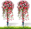 2Pcs Artificial Morning Glory Topiary Trees, Red Fake Shrubs Bushes with Ground Spike, Faux Evergreen for Porch Plants, UV Resistant Artificial Flowers for Outdoors Indoor Front Garden
