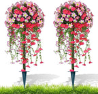 2Pcs Artificial Morning Glory Topiary Trees, Red Fake Shrubs Bushes with Ground Spike, Faux Evergreen for Porch Plants, UV Resistant Artificial Flowers for Outdoors Indoor Front Garden