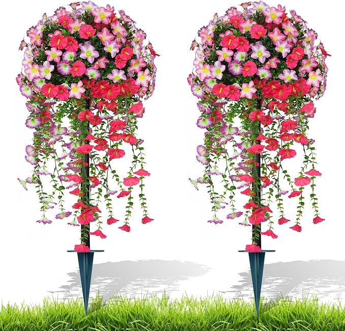 2Pcs Artificial Morning Glory Topiary Trees, Red Fake Shrubs Bushes with Ground Spike, Faux Evergreen for Porch Plants, UV Resistant Artificial Flowers for Outdoors Indoor Front Garden