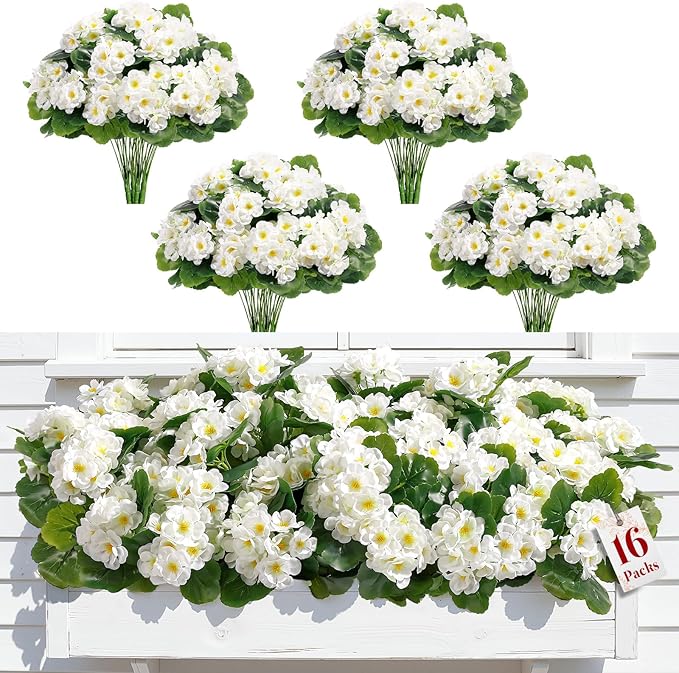 Alupssuc 16Pcs Artificial Geranium Flowers for Outdoors Decoration Silk Floral, UV Resistant Fake Plants, Faux Flower for Porch Garden Table Centerpieces Home Indoor Outside Spring Decor(8, White)