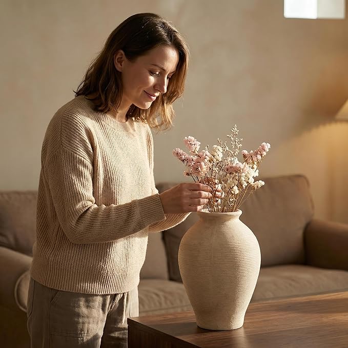 Large 9 Inch Ceramic Vase, Farmhouse Rustic Table Centerpiece, Vintage Floor Vase for Dried Flowers, Home Decor for Living Room, Mantel, Bookshelf & Office