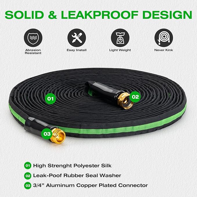15FT Lightweight Super Flexible Garden Hose - Kink-Free, Non-Expanding, Easy Storage for Yard Lawn Outdoor Use (Black-Green)