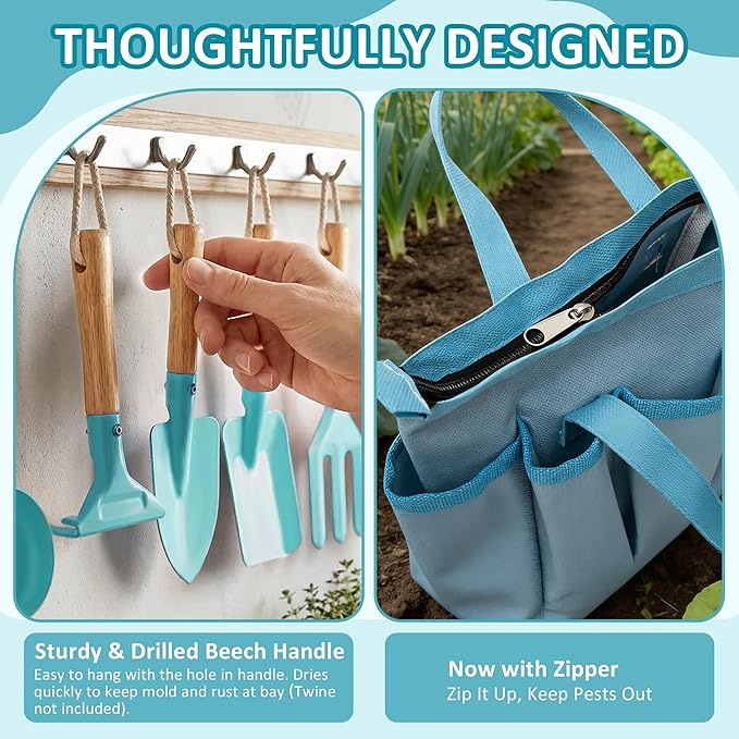 Cossy Kids Gardening Set, 13PCS Garden Tool Kit for Kids and Toddlers Boys Girls, Includes Tote Bag, Watering Can, Shovels, Rake, Kids Gardening Gloves, Apron and More, Blue
