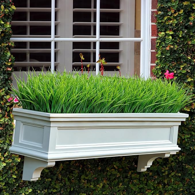 Yimingjin 12 Bundles Artificial Grass Fake Plants，Outdoor Fake Grass for Pot UV Resistant Patio Garden Porch Home Window Hanging Planter Decor Faux Plastic Shrubs(Green)
