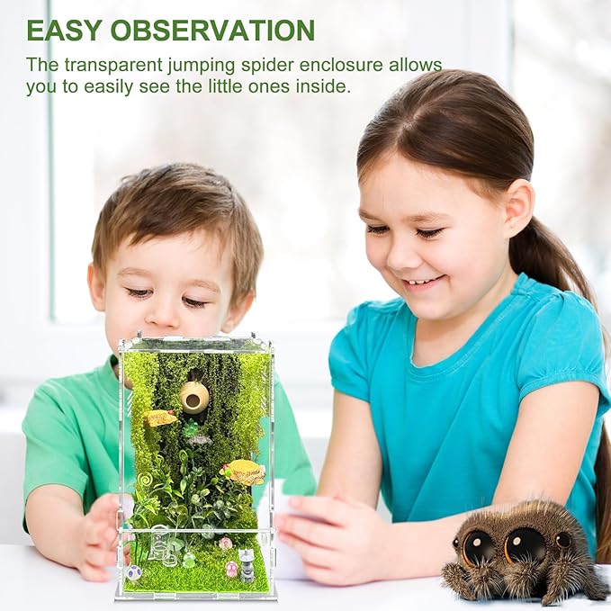 Jumping Spider Enclosure Kit,(Contains All Components) DIY Insects Habitat,Small Reptile Terrarium Glass House Accessories Set,with Temperature and Humidity Detector.5.5“x5.5”x9.5“ (Green)