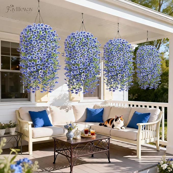 Artificial Hanging Flowers for Outdoors Spring Summer Decoration, 4PCS UV Resistant Silk Fake Hanging Plants for Patio Porch Front Yard Window Garden Indoor Decor(Blue,4PCS)