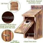 Dreyoo 2 Pack Bluebird Box Houses for Outside,1-1/2'' Entrance Hole Wooden Bird Houses with Metal Guard, Secure Latch,Fledgling Grooves,Air Vents for Bluebird Wren Swallow(Burnt Wood)