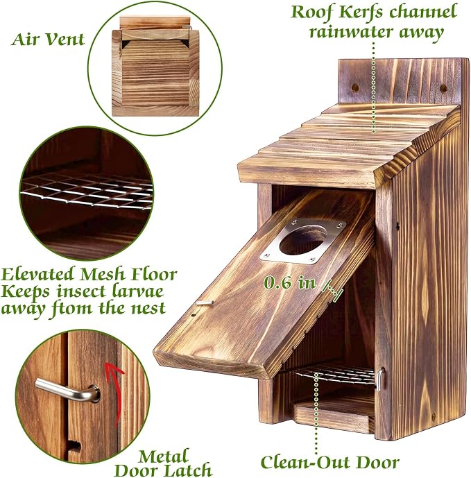 Dreyoo 2 Pack Bluebird Box Houses for Outside,1-1/2'' Entrance Hole Wooden Bird Houses with Metal Guard, Secure Latch,Fledgling Grooves,Air Vents for Bluebird Wren Swallow(Burnt Wood)