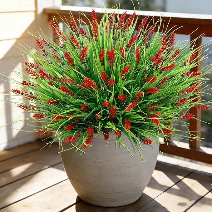 Roberly 24 Bundles Artificial Plants Outdoor, Fake Lavender Flowers UV Resistant Faux Shrubs Plastic Flowers Fake Greenery Plants for Porch Garden Window Box Home Indoor Outdoor Decorations, Red
