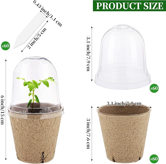Hahood 60 Set Plant Seeding Pots with Humidity Dome, 3 Inch Brown Biodegradable Seed Starter Pots, Plant Nursery Pots with Plant Labels for Seedlings, Garden Vegetable Germination