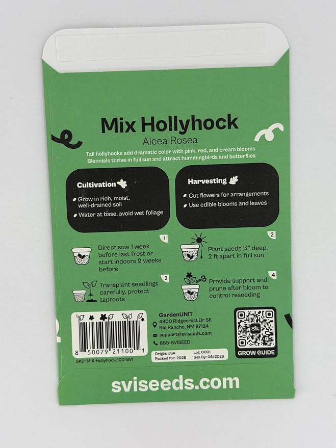SVI 100 Mix Hollyhock Seeds (Alcea rosea) - Mallow, Common Hollyhock Seed Packets, Attracts Hummingbirds - Heirloom Flower Seeds for Outside & Inside, Meadows, Fences, Beds