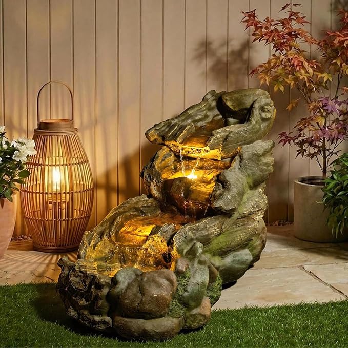 Sunlinua 37" L Outdoor Water Fountain with 3 Tiers Cascading Realistic Tree Trunk Waterfall Fountains with LED Lights Outdoor Water Fountain for Garden Patio Backyard Porch Home Decor