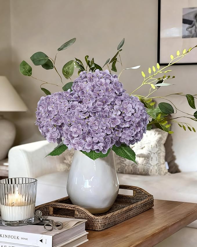 DuHouse 3Pcs Large Hydrangea Artificial Flowers,20 inch Latex Real Touch Hydrangeas Lifelike Hydrangea Flower for Home Wedding Bouquets Centerpieces Party Living Room Decoration(Light Purple)