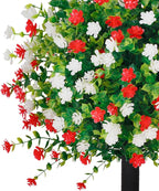 2 Pack 24" White Red Faux Topiary Ball Trees with Spikes, UV Resistant Artificial Boxwood Plants with Flowers, Fake Shrubs for Spring Outdoor Planters, Front Porch Garden Decor