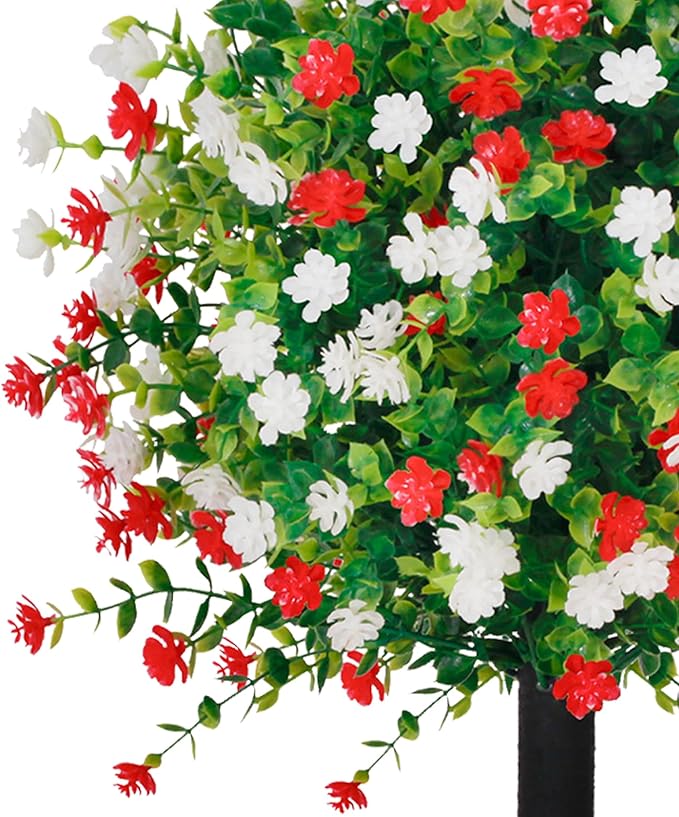 2 Pack 24" White Red Faux Topiary Ball Trees with Spikes, UV Resistant Artificial Boxwood Plants with Flowers, Fake Shrubs for Spring Outdoor Planters, Front Porch Garden Decor