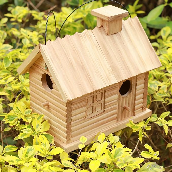 STARSWR Bird House Outside,Outdoor Bird Houses, Natural Wooden Bird Hut Clearance 2 Hole Bluebird Finch Cardinals 2 Rooms Hanging Birdhouse for Garden Viewing