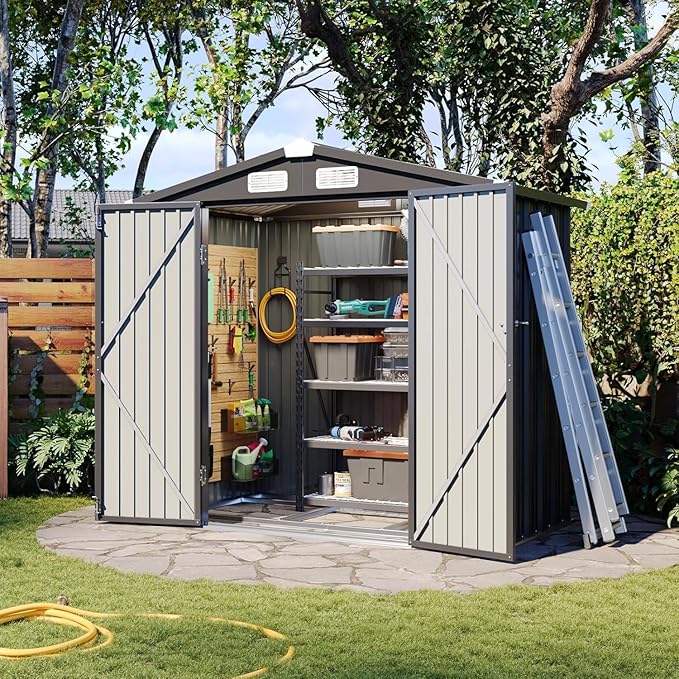 Aoxun 6' x 4' Outdoor Metal Storage Shed with Galvanized Steel Base, Heavy-Duty Garden Tool Shed for Patio, Lawn, and Garden, Black