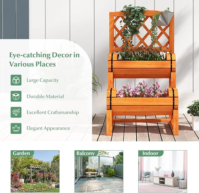 S AFSTAR 2 Tier Raised Garden Bed with Trellis, Wooden Planter Box with Diamond Lattice Trellis, Elevated Planter Bed for Vine Climbing Plants Flowers, Rise Garden Bed for Yard Balcony Patio, Orange