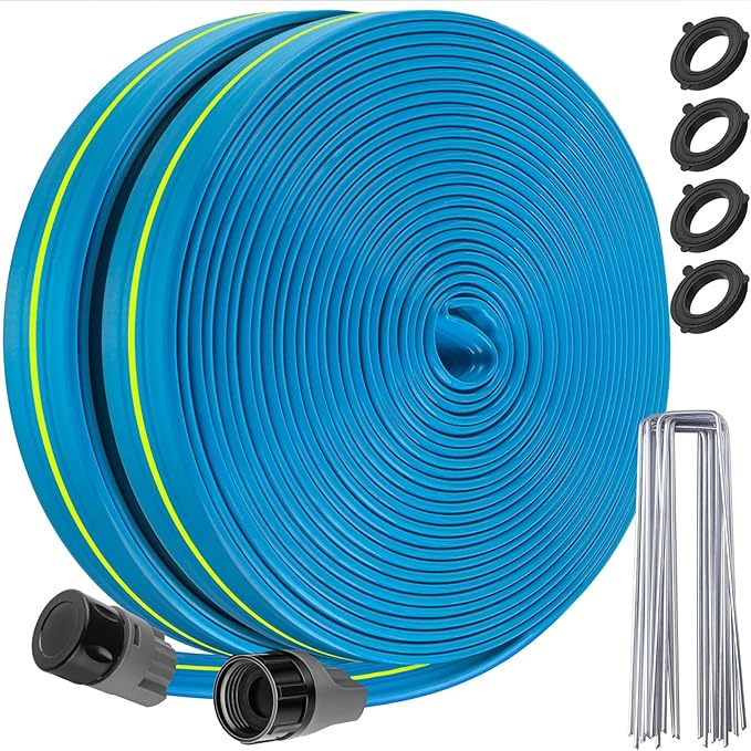 Upgraded Flat Sprinkler Hose Heavy Duty Garden Soaker Watering Hoses, Efficient Irrigation Tubing for Lawn Sprinklers System with Staples 15FT