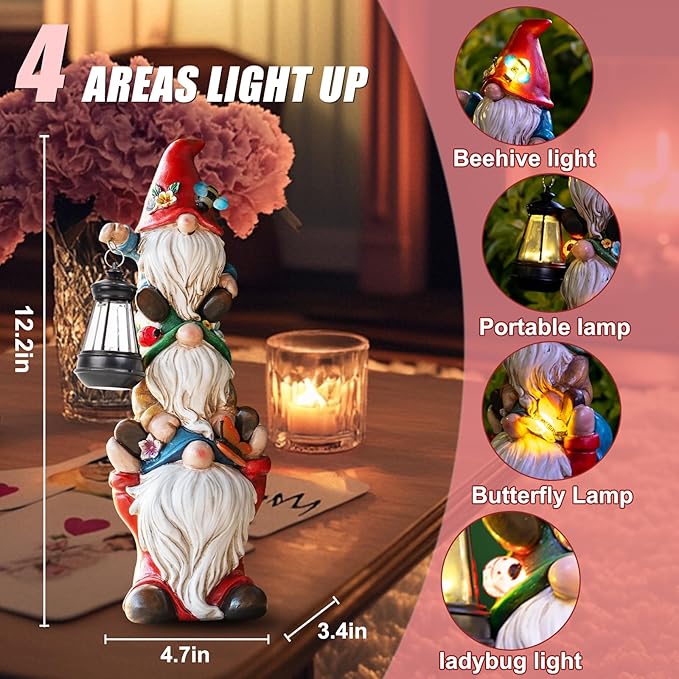 twinbling Garden Gnome Statue with Solar Lights Garden Sculptures Funny Triple Gnome Outdoor Patio Lawn Yard Balcony Home Decor Birthday Gift for Mom Woman Grandma 12 in Summer Gnomes