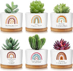 Sieral 6 Pcs Teacher Appreciation Gift Bamboo Pot Mini Ceramic Succulent Planter Pots with Bamboo Tray Gardening with Drainage Hole Thank You Gifts for Women Men Birthday Gift for Teacher
