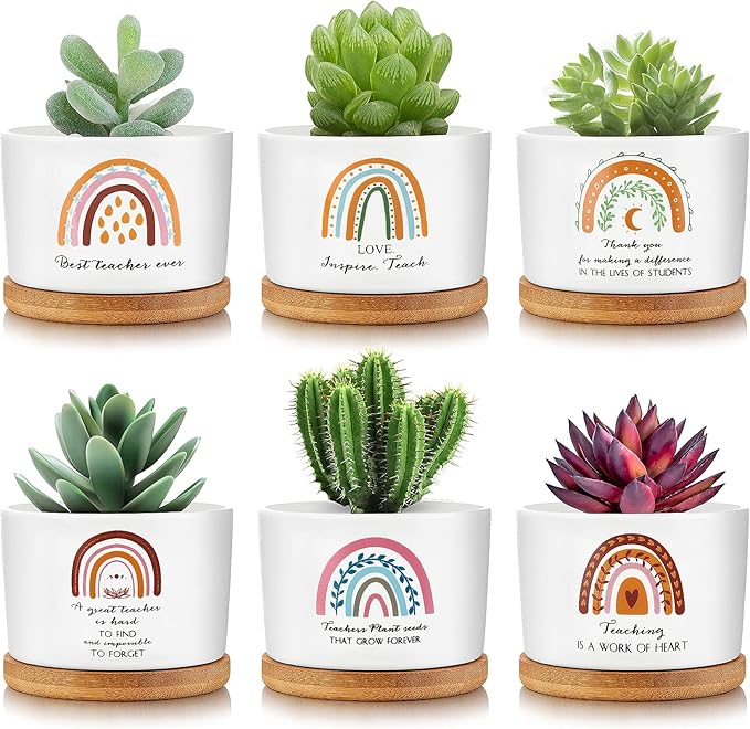 Sieral 6 Pcs Teacher Appreciation Gift Bamboo Pot Mini Ceramic Succulent Planter Pots with Bamboo Tray Gardening with Drainage Hole Thank You Gifts for Women Men Birthday Gift for Teacher