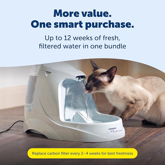 PetSafe Drinkwell Platinum Cat Water Fountain - Pet Fountain for All Pet Sizes, Encourages More Drinking, Includes Extra 3-Pack Replacement Carbon Filters, Indoor Use, Grey (168 oz/5L)