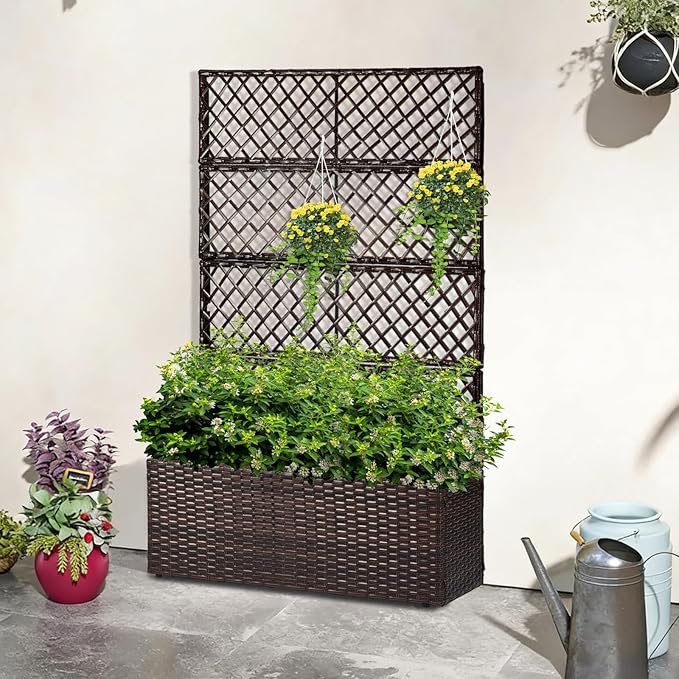 52’’ H Garden Planter Box with Trellis Outdoor for Vine Climbing Plants, Flowers Handwoven Rattan Garden Bed with Removable Liners for Backyard Patio Balcony