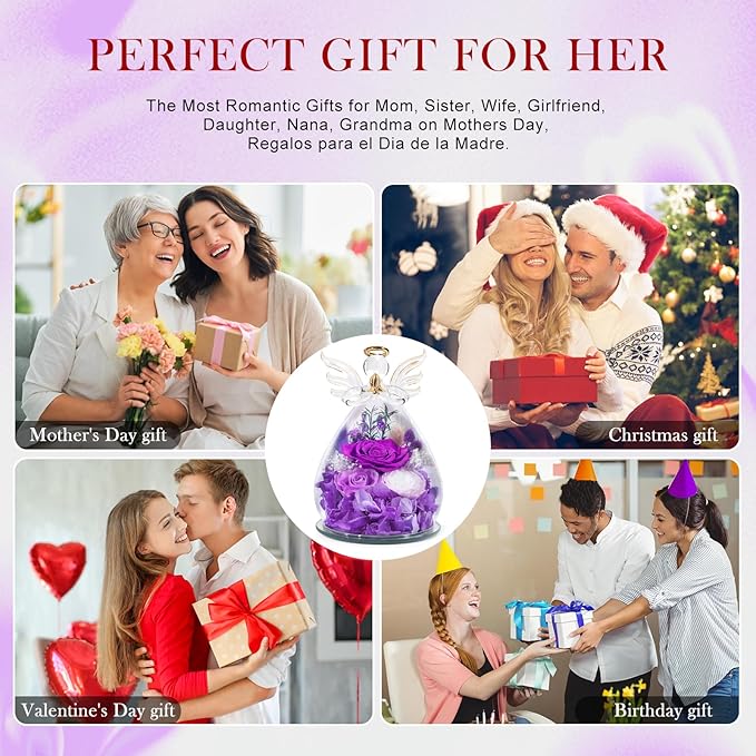 Gifts for Mom Birthday Gifts for Women Preserved Rose Forever Flower in Glass Angel Figurines Fresh Flowers for Delivery Anniversary Mothers Day Real Colorful Roses for Grandma Her Wife from Daughter