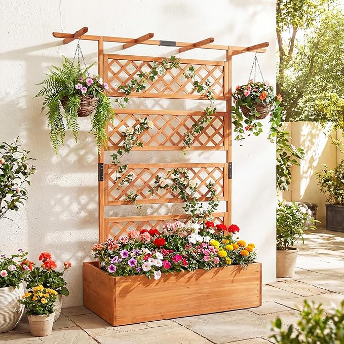 COSTWAY Wooden Raised Garden Planter with Trellis and Roof, 72" Freestanding Privacy Screen & Climbing Plant Support for Outdoor Patio, Balcony, Vegetable, Herb, and Flower Gardening (Orange,1)