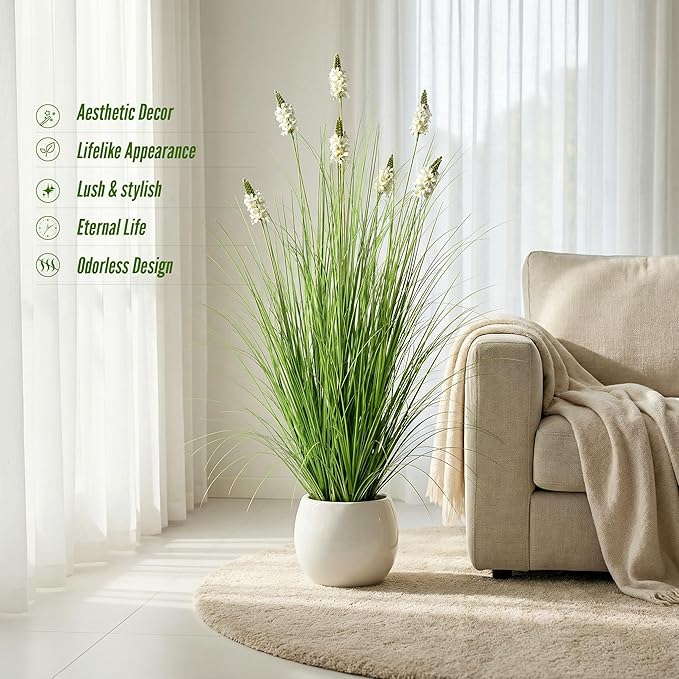 Artificial Plants Indoor Tall Grass Plants with Hyacinth Flower 47.2In Tall Artificial Ornamental Grass Green Onions Outdoor Fake Plants with Black Pot Home Office Decorative (1 Pack,White)