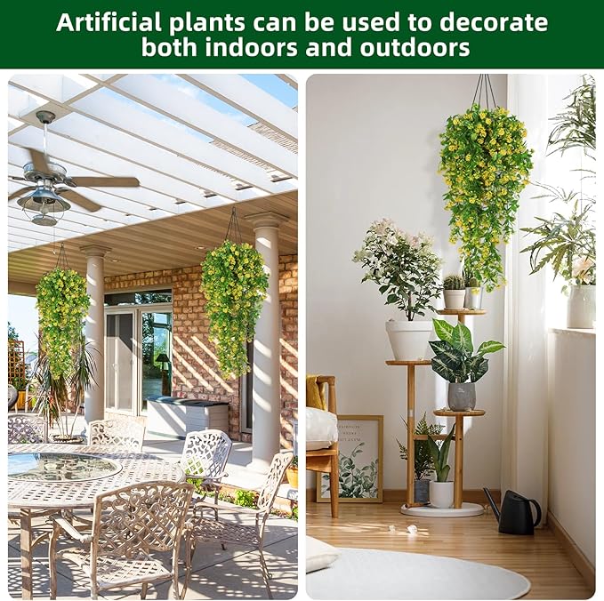 RECUTMS Hanging Plants Fake Vines Fake Hanging Plants Outdoor Greenery Faux Greenery 2Pcs Artificial Hanging Flower for Outdoors Hanging Basket Plastic Home Garden Wedding Party Decorations(Yellow)