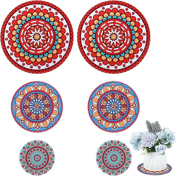 Nuanchu 6 Pcs Boho Plant Pot Coasters 3 Sizes 3.94" 5.9" 7.87", Rubber Absorbent Non-Slip Pot Plant Round Mat Gardening Indoor Outdoor Flower Protect Mat for Table Desk Floor, Colorful