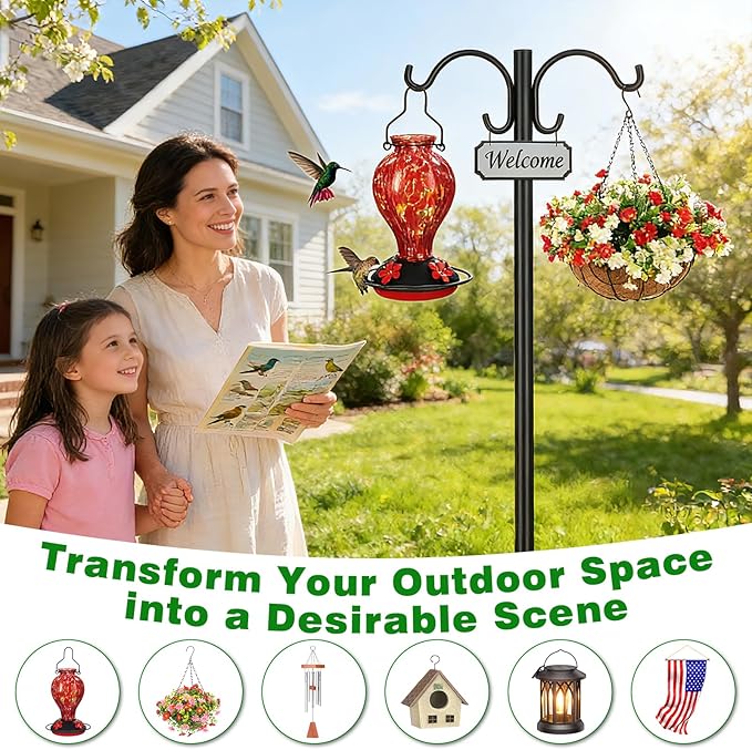 Heavy Duty Double Shepherd Hooks for Outdoor 1-in Dia with 5-Prong Base, 88inch Adjustable Decorative Metal Bird Feeder Pole for Hanging Bird Nest, Plant Basket,Lantern,Solar Light 2 Pack
