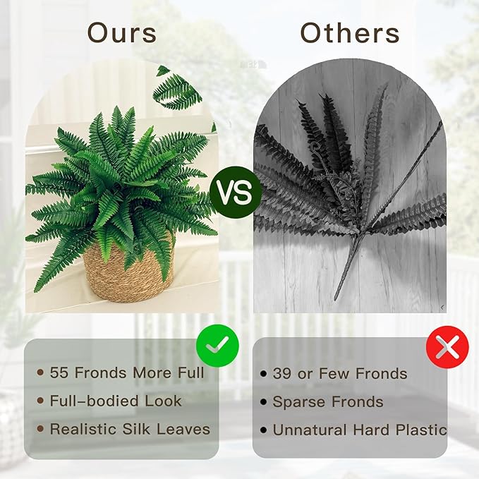Senjie Artificial Boston Fern 4 Set Large 55 Branches Fake Ferns for Outdoors 34Inch Faux Plant for Home Living Room Office Decor