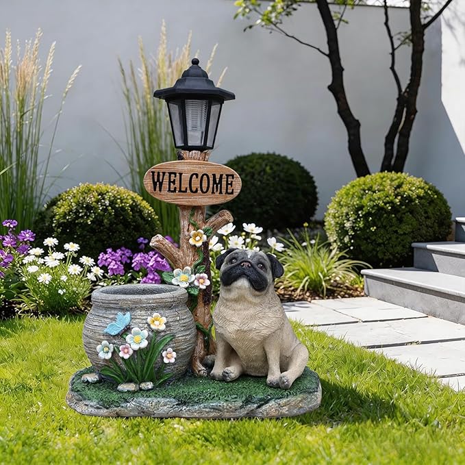 Animal Outdoor Statue Planter Solar Light Welcome Garden Sculpture Resin Flower Pot Decorative Porch Patio Yard Lawn Entryway Figurine with LED Lamp Rustic Plant Holder Ornament Courtyard (O)