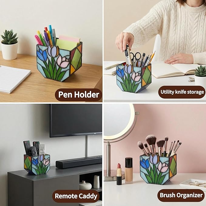 Handmade Stained Glass Tulip Planter,Tiffany Style Decorative Flower Pot for Indoor Plants,Vintage Floral Design Tabletop Plant Container, Ideal Gift for Plant Lovers and Gardeners