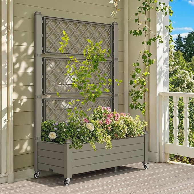 DWVO 3.6 x 1.5 x 5 FT Raised Garden Bed with Trellis, Large Outdoor Planter Trellis Box with Drainage Holes and Wheels for Climbing Plants, Light Brown